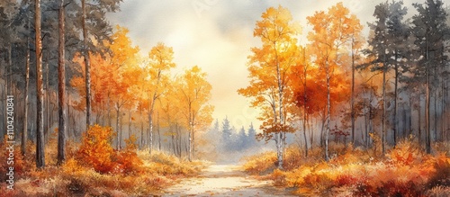 Autumnal forest path, golden leaves, sunlit trees.