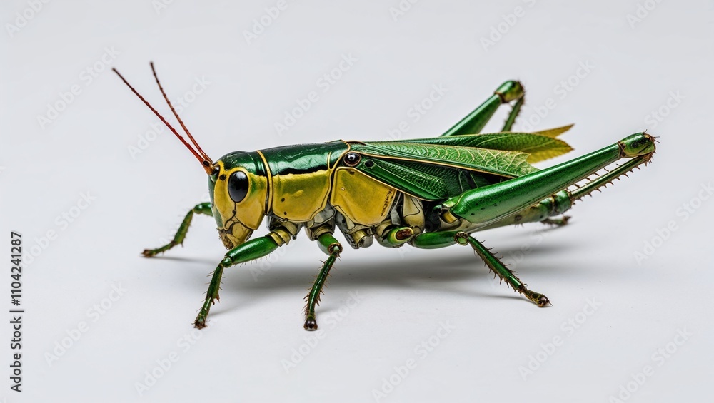 Fototapeta premium A close-up of a striking metallic green grasshopper.