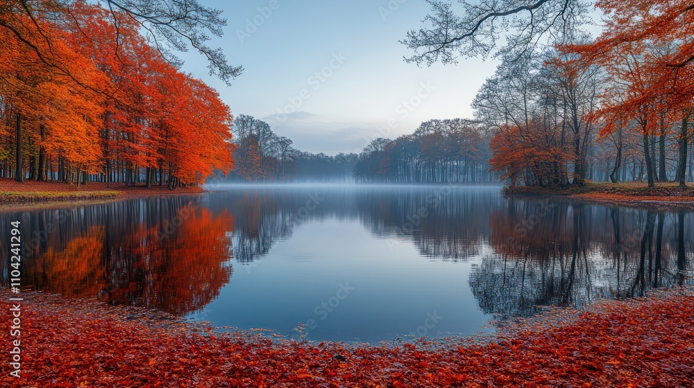 Serene autumn lake reflecting vibrant fall foliage and mist. Serene autumn lake reflecting vibrant fall foliage and mist.