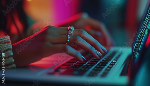 Woman'S Hands Coding Html And Programming On Laptop Screen In Close Up. Developing Websites And Applications As A Web Developer. photo