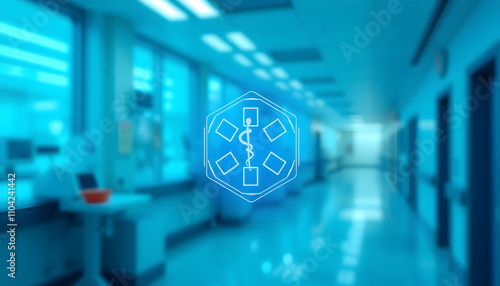 medical icon in hexagonal shaped pattern on blurred hospital background, science, health care and medical technology concept, blue color tone isolated with white highlights, png photo