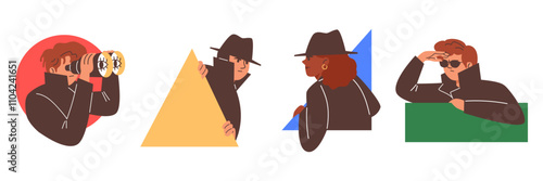 Vector set of illustrations with peeping people spies who look out from different geometric shapes.