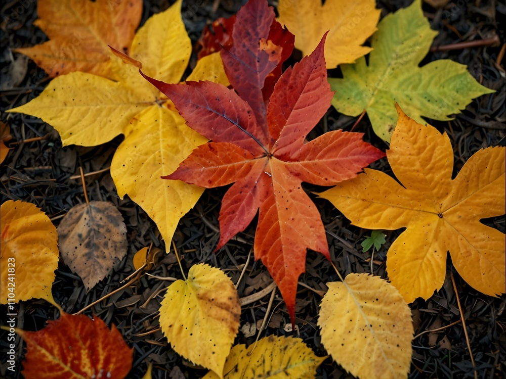 Autumn leaves in red, orange, and yellow on the ground. Autumn leaves in red, orange, and yellow on the ground.