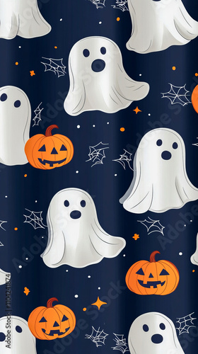 Halloween pattern with ghosts, pumpkins, and spider webs on dark background photo