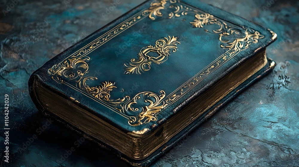 Fototapeta premium A blue leather bound book with gold embossing on the cover