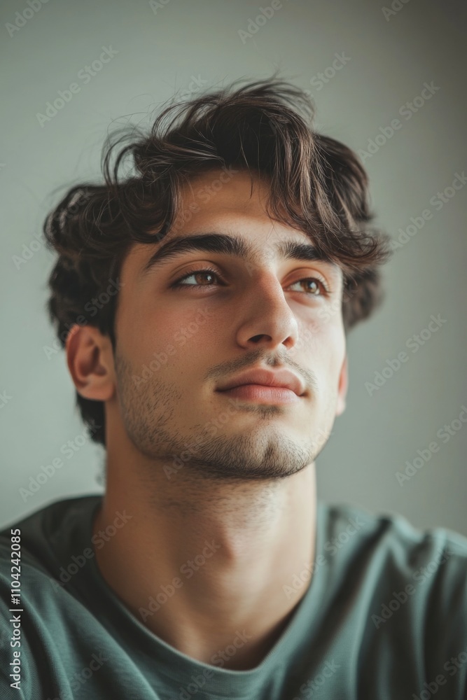 Man with a beard and a green shirt is smiling. He has a nice, clean look Man with a beard and a green shirt is smiling. He has a nice, clean look