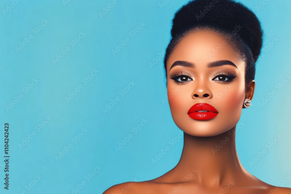 Elegant portrait of a woman with bold makeup against a bright blue background Elegant portrait of a woman with bold makeup against a bright blue background