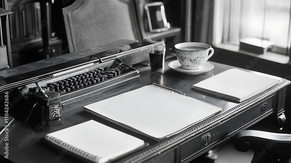 Naklejka premium A desk with a typewriter, a cup of coffee, and a pen