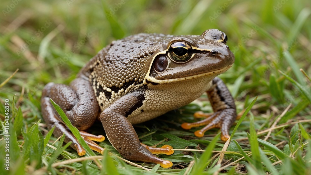 A frog sits elegantly on grass, showcasing its natural habitat. A frog sits elegantly on grass, showcasing its natural habitat.