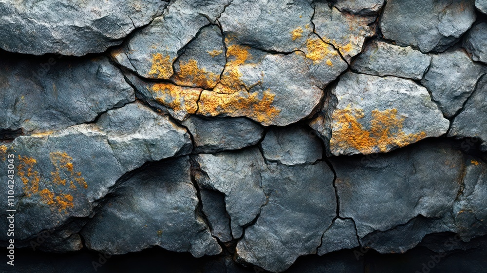 Close-up of dark grey cracked stone with orange lichen. Close-up of dark grey cracked stone with orange lichen.