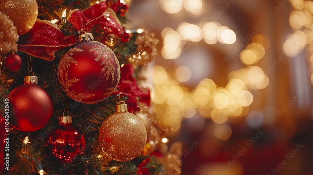 A sparkling Christmas tree adorned with vibrant red and gold ornaments radiates festive cheer, inviting everyone to celebrate the joyous season. A sparkling Christmas tree adorned with vibrant red and gold ornaments radiates festive cheer, inviting everyone to celebrate the joyous season.
