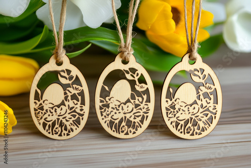 Intricate wooden easter egg decorations with floral carvings photo