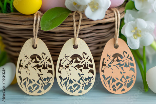 Intricate wooden easter ornaments with floral designs in a woven basket photo