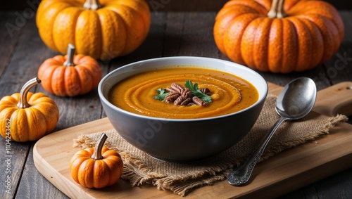 Warm pumpkin soup garnished with nuts, perfect for fall season.