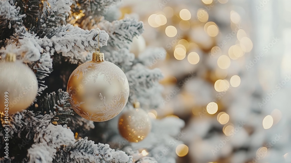 A majestic Christmas tree adorned with shimmering gold and white ornaments, radiating warmth and festive spirit in a cozy holiday setting. A majestic Christmas tree adorned with shimmering gold and white ornaments, radiating warmth and festive spirit in a cozy holiday setting.