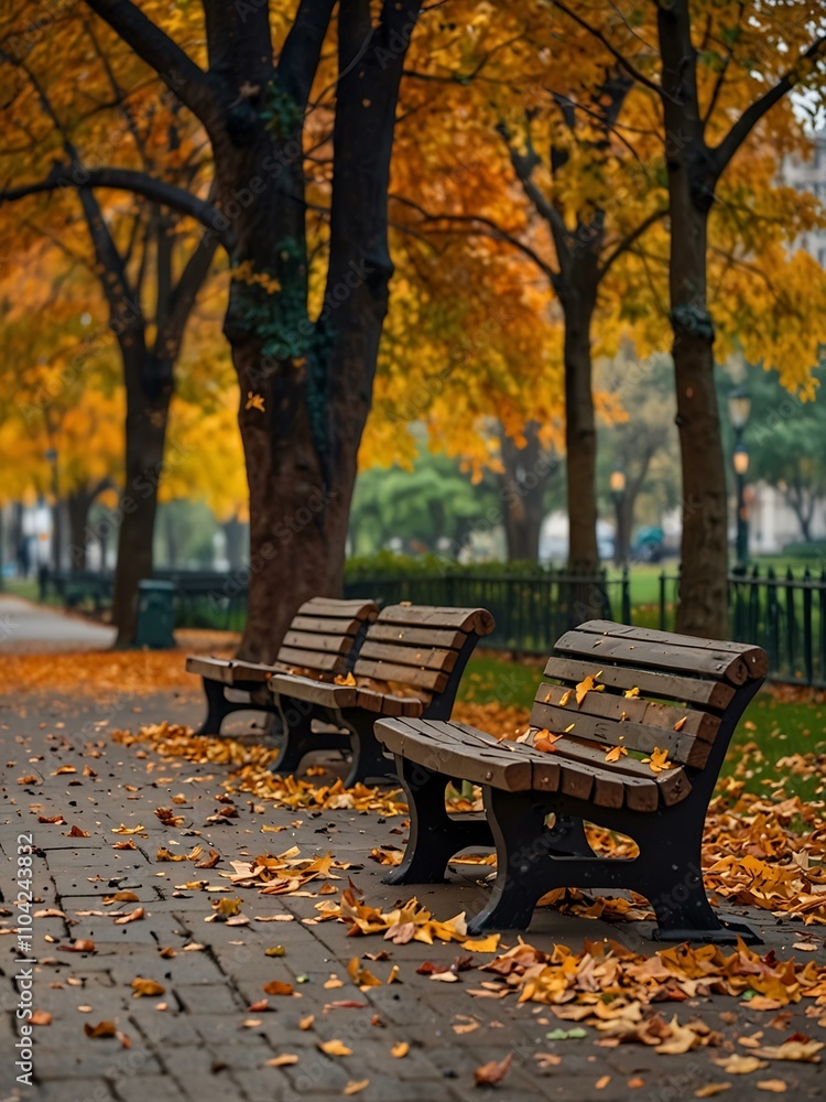 Autumn park with benches and falling leaves, cityscape in the background.