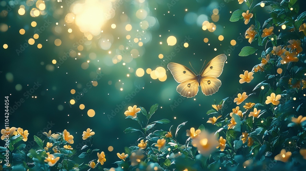 A serene scene showcasing a butterfly in flight among vibrant yellow flowers, illuminated by soft sunlight, creating a magical, peaceful atmosphere. A serene scene showcasing a butterfly in flight among vibrant yellow flowers, illuminated by soft sunlight, creating a magical, peaceful atmosphere.