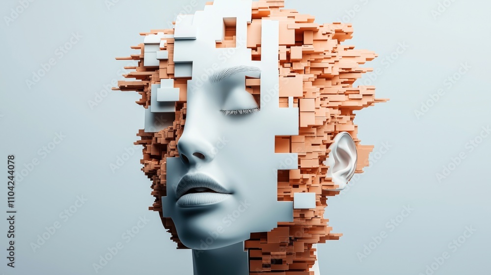 Abstract 3D render of a human female face partially composed of geometric blocks and shapes, blending organic and mechanical elements in a digital art style. Abstract 3D render of a human female face partially composed of geometric blocks and shapes, blending organic and mechanical elements in a digital art style.
