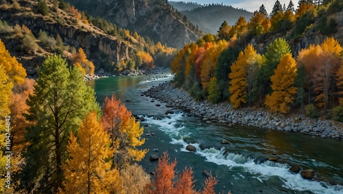 Autumn scenery along the North Yuba River with colorful trees.