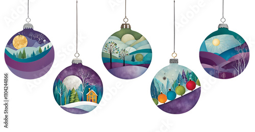 Five cut paper illustrations of winter scenery baubles in bold cool colours