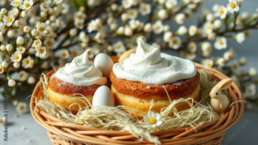 Fototapeta premium Springtime dessert basket featuring delightful cakes and decorative eggs with fresh flowers