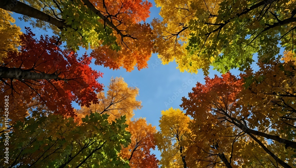 Autumn tree canopy viewed from below, with colorful foliage. Autumn tree canopy viewed from below, with colorful foliage.