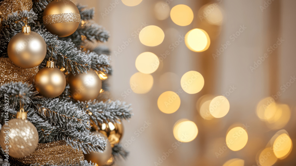 A shimmering Christmas tree adorned with golden ornaments stands proudly, surrounded by twinkling lights and a joyful New Year sign, radiating festive cheer. A shimmering Christmas tree adorned with golden ornaments stands proudly, surrounded by twinkling lights and a joyful New Year sign, radiating festive cheer.