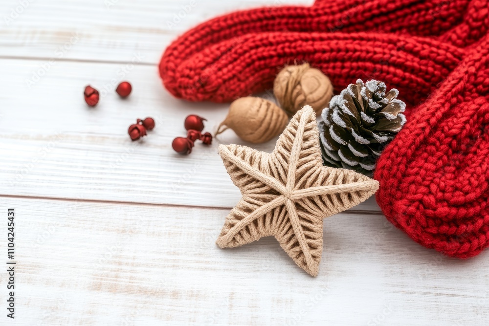 A festive red scarf drapes elegantly over a snowy white table, adorned with a shimmering star decoration that captures the spirit of Christmas. A festive red scarf drapes elegantly over a snowy white table, adorned with a shimmering star decoration that captures the spirit of Christmas.