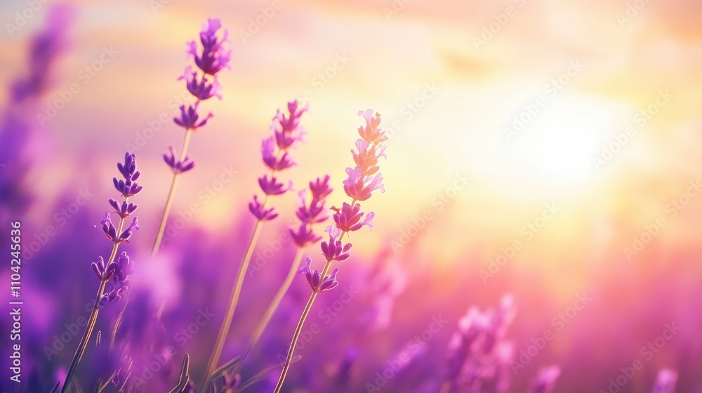 Obraz premium A serene lavender field at sunset, with vibrant purple flowers bathed in warm golden light, creating a tranquil and picturesque scene.