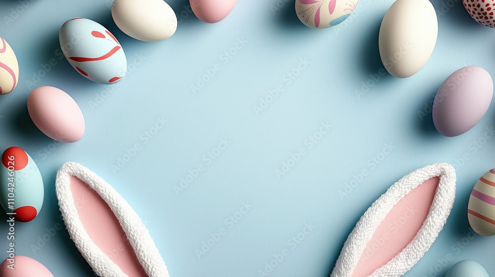 Whimsical top view of Easter bunny ears and pastel eggs surrounding an empty center, perfect for creating a greeting or invitation on a pastel background Whimsical top view of Easter bunny ears and pastel eggs surrounding an empty center, perfect for creating a greeting or invitation on a pastel background