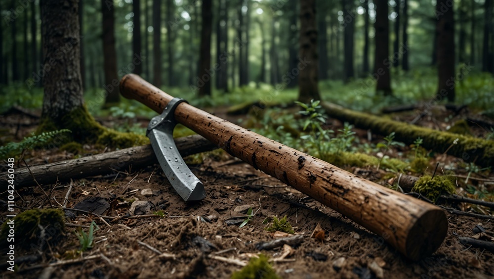 Ax lying on the ground in a forest. Ax lying on the ground in a forest.