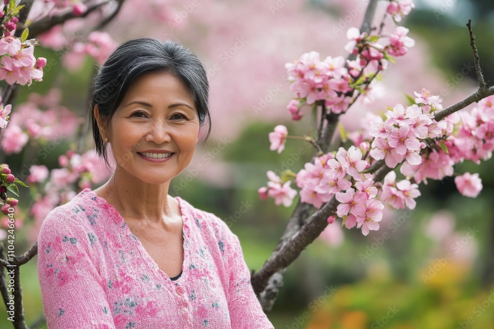Woman smiling among blooming cherry blossom trees in a beautiful garden setting Woman smiling among blooming cherry blossom trees in a beautiful garden setting