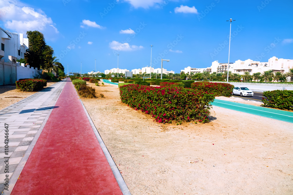 Obraz premium Abu Dhabi, Arab Emirates, Sidewalk, bike path, car track. All types of urban ground transportation are provided - pedestrian, cyclist, driver