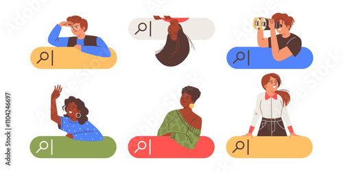 Vector set with curious young girls and boys using the search bar to find information.
