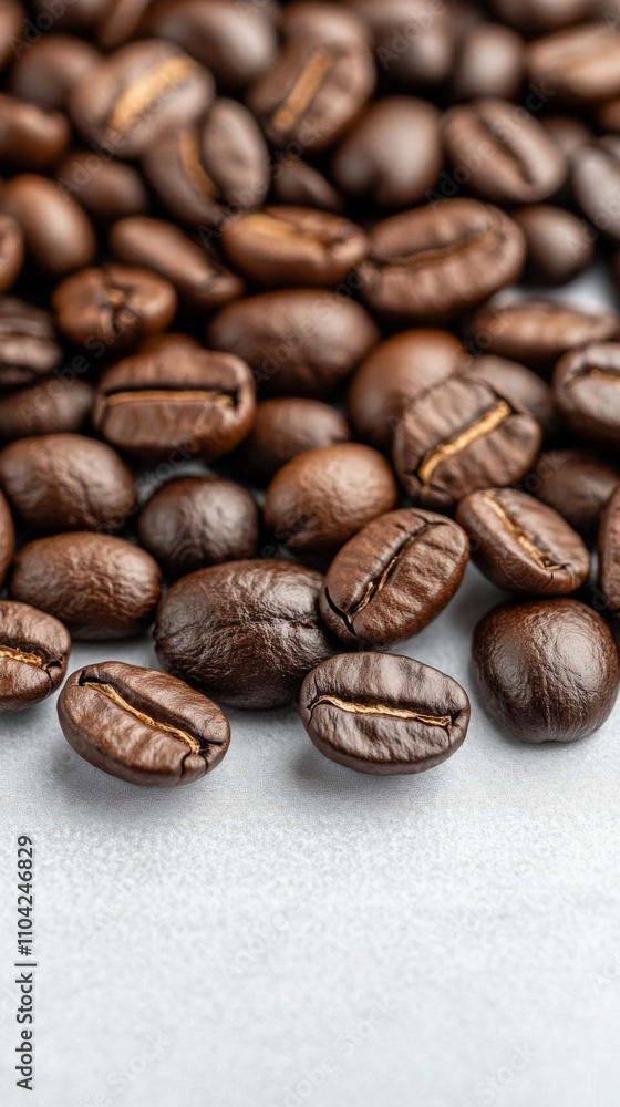 Naklejka premium Freshly roasted coffee beans scattered on a white surface in a natural light setting