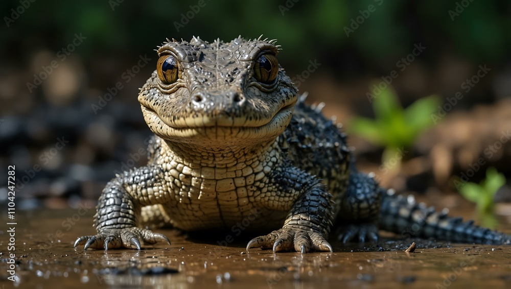 Fototapeta premium Baby crocodile in the Amazon rainforest of Manu National Park, Peru.
