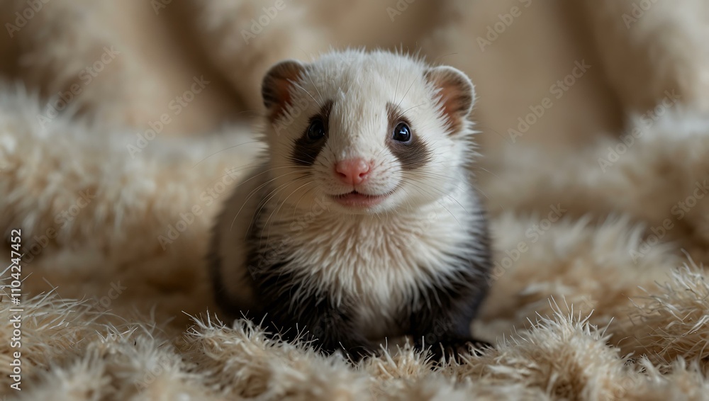Baby ferret posing on rabbit fur. Baby ferret posing on rabbit fur.