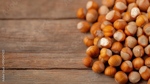 Freshly Harvested Hazelnuts on Rustic Wooden Surface Ideal for Natural Food Photography and Culinary Usage photo