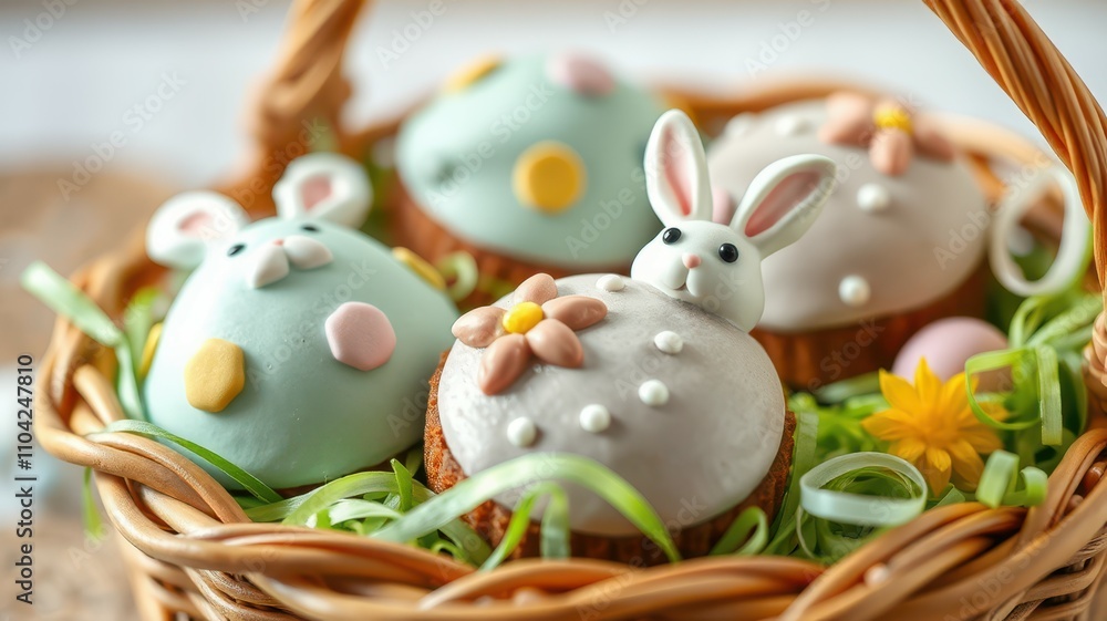 Delightful Easter treats in a woven basket featuring colorful bunny-shaped cupcakes decorated with fondant Delightful Easter treats in a woven basket featuring colorful bunny-shaped cupcakes decorated with fondant