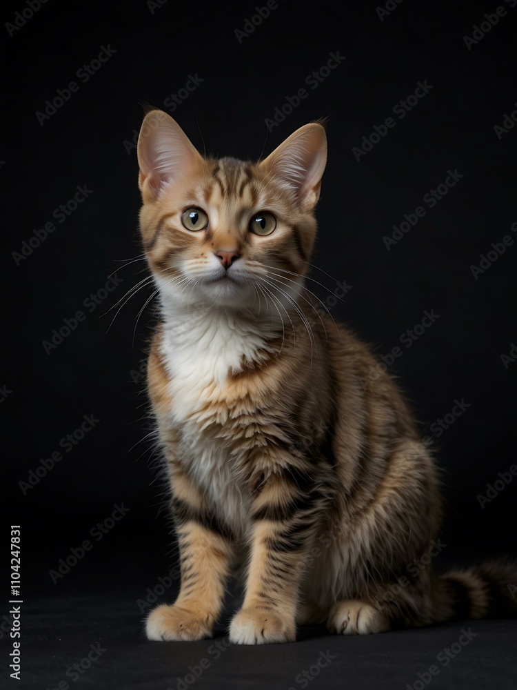 Baby Manx cat standing, left side view, isolated on black background. Baby Manx cat standing, left side view, isolated on black background.