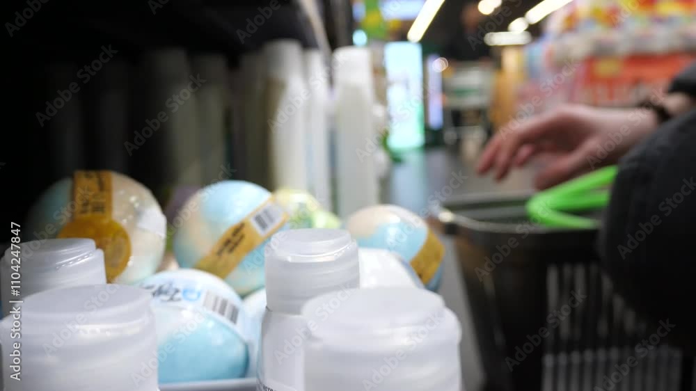 Young woman choosing bath salts in a store. Store shelf and woman choosing bath products.