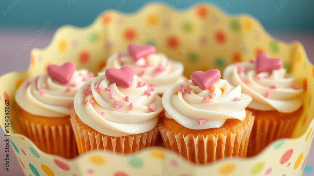 Delicious cupcakes with heart-shaped decorations in a colorful cupcake holder at an event Delicious cupcakes with heart-shaped decorations in a colorful cupcake holder at an event