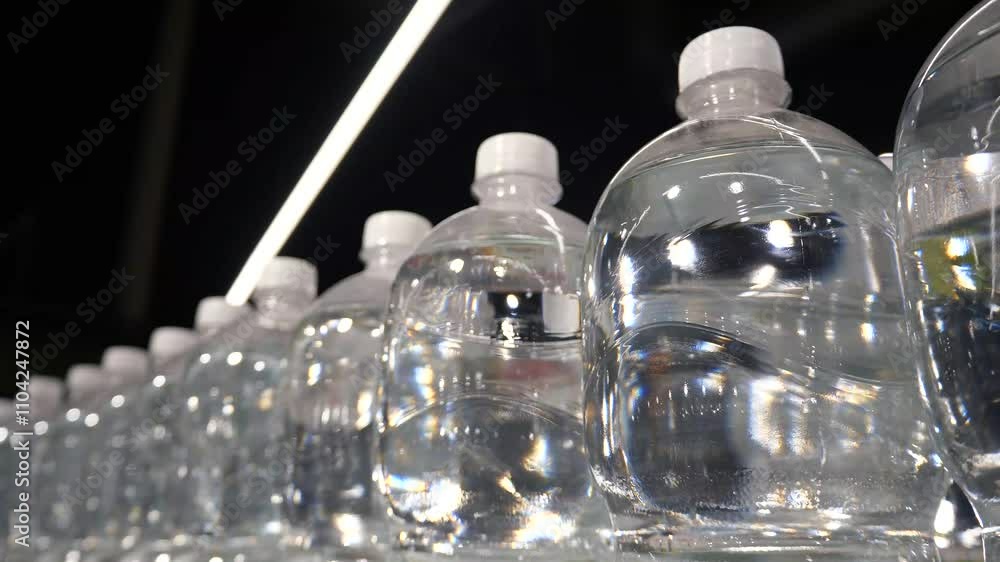 Close-up of bottles of drinking water or mineral water moving on a production line or standing on a store shelf. Close-up of bottles of drinking water or mineral water moving on a production line or standing on a store shelf.