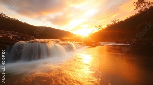 A serene sunset over a flowing river, with soft waves and golden hues illuminating the landscape.