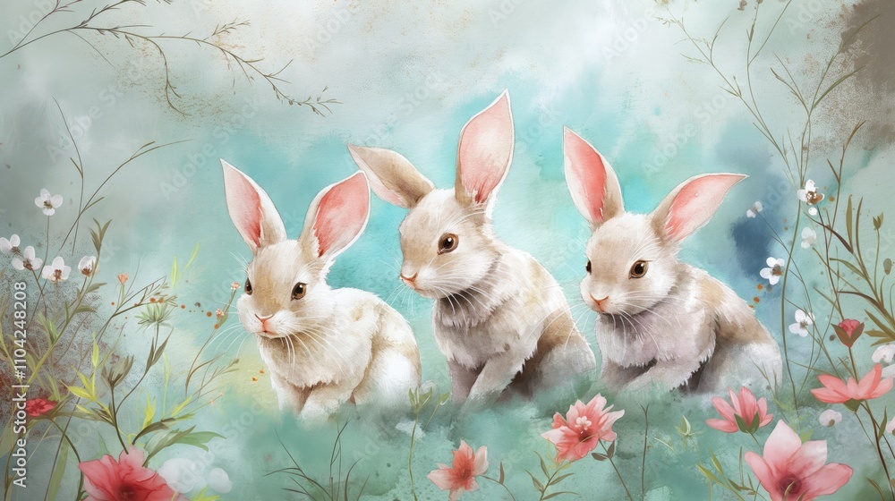 Cute watercolor rabbits on the grass with red flowers.