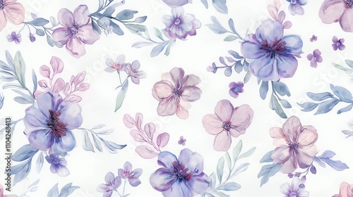 Watercolor pattern with different purple flowers on a white background. Watercolor delicate floral pattern.