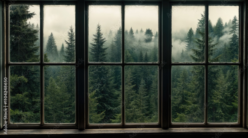 Naklejka premium Beautiful view from the closed wooden window on the gloomy forest and fog.