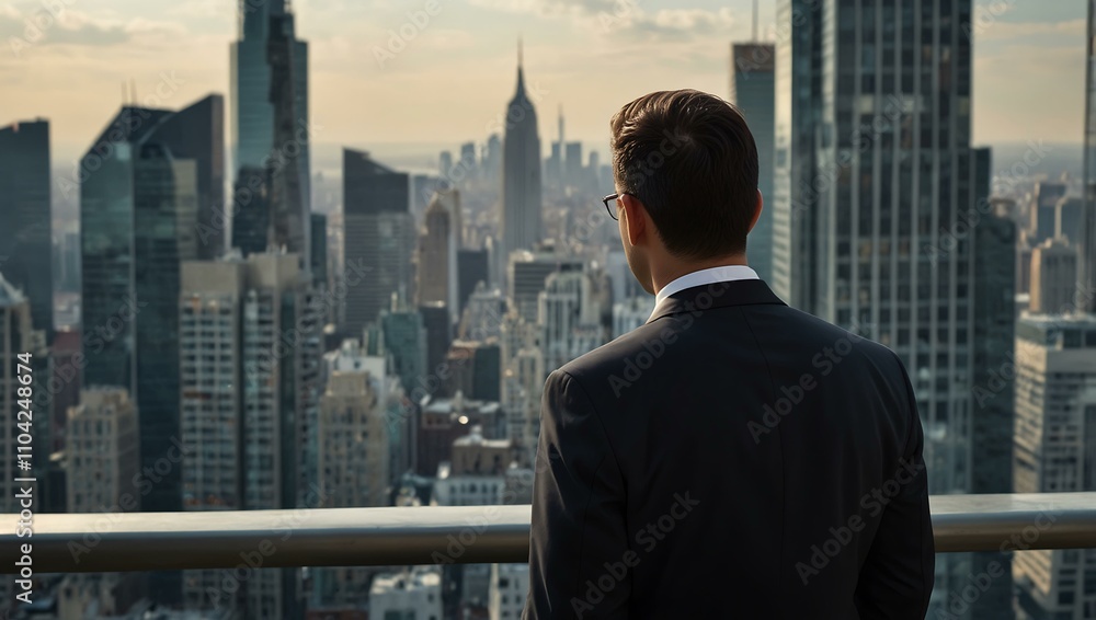 Back view of a businessman looking at the city skyline from a high building. Back view of a businessman looking at the city skyline from a high building.