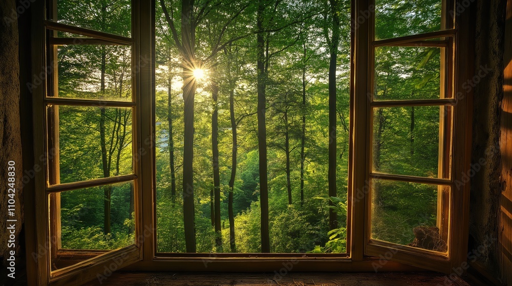 Beautiful view from the open wooden window of the forest in summer. Beautiful view from the open wooden window of the forest in summer.
