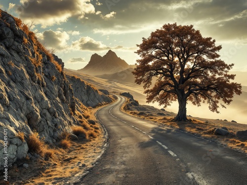 Golden Hour Rocky Landscape with Barren Tree